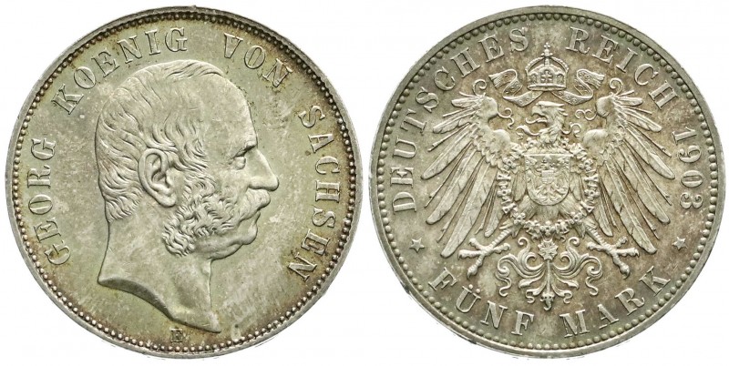 Reichssilbermünzen J. 19-178, Sachsen, Georg, 1902-1904
5 Mark 1903 E. fast Stem...
