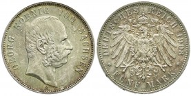 Reichssilbermünzen J. 19-178, Sachsen, Georg, 1902-1904
5 Mark 1903 E. fast Stempelglanz, Prachtexemplar mit herrlicher Patina, selten in dieser Erhal...