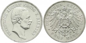 Reichssilbermünzen J. 19-178, Sachsen, Friedrich August III., 1904-1918
5 Mark 1914 E. fast Stempelglanz, Prachtexemplar