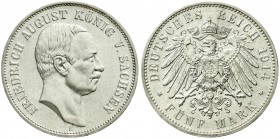 Reichssilbermünzen J. 19-178, Sachsen, Friedrich August III., 1904-1918
5 Mark 1914 E. prägefrisch/fast Stempelglanz