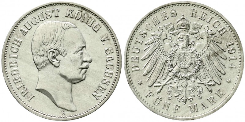 Reichssilbermünzen J. 19-178, Sachsen, Friedrich August III., 1904-1918
5 Mark 1...