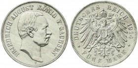 Reichssilbermünzen J. 19-178, Sachsen, Friedrich August III., 1904-1918
5 Mark 1914 E. vorzüglich/Stempelglanz, min. Randfehler