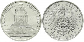 Reichssilbermünzen J. 19-178, Sachsen, Friedrich August III., 1904-1918
3 Mark 1913 E. Völkerschlachtdenkmal. fast Stempelglanz/Erstabschlag, Prachtex...