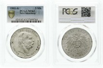 Reichssilbermünzen J. 19-178, Sachsen-Altenburg, Ernst, 1853-1908
5 Mark 1901 A. Im PCGS-Blister mit Grading MS 63. prägefrisch/fast Stempelglanz
