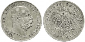 Reichssilbermünzen J. 19-178, Sachsen-Altenburg, Ernst, 1853-1908
5 Mark 1901 A. sehr schön
