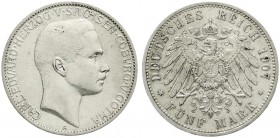 Reichssilbermünzen J. 19-178, Sachsen-Coburg-Gotha, Carl Eduard, 1900-1918
5 Mark 1907 A. gutes sehr schön, kl. Kratzer