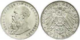 Reichssilbermünzen J. 19-178, Sachsen-Meiningen, Georg II., 1866-1914
2 Mark 1902 D. Bart berührt Perlkreis. vorzüglich/Stempelglanz, selten