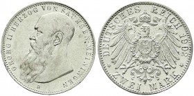 Reichssilbermünzen J. 19-178, Sachsen-Meiningen, Georg II., 1866-1914
2 Mark 1902 D. Bart berührt Perlkreis nicht. vorzüglich/Stempelglanz