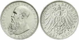 Reichssilbermünzen J. 19-178, Sachsen-Meiningen, Georg II., 1866-1914
3 Mark 1908 D. prägefrisch/fast Stempelglanz
