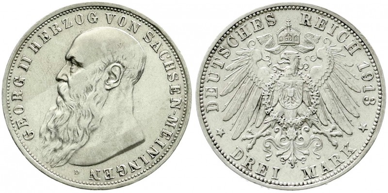 Reichssilbermünzen J. 19-178, Sachsen-Meiningen, Georg II., 1866-1914
3 Mark 191...