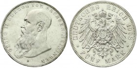 Reichssilbermünzen J. 19-178, Sachsen-Meiningen, Georg II., 1866-1914
5 Mark 1908 D. Bart berührt Perlkreis nicht. gutes vorzüglich, kl. Kratzer