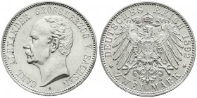 Reichssilbermünzen J. 19-178, Sachsen-Weimar-Eisenach, Carl Alexander, 1853-1901
2 Mark 1892 A. vorzüglich/Stempelglanz, min. berieben