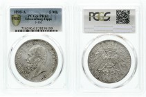 Reichssilbermünzen J. 19-178, Schaumburg-Lippe, Georg, 1893-1911
5 Mark 1898 A. Im PCGS-Blister mit Grading PR 61. Es wurde bisher nur 1 Ex. höher bew...