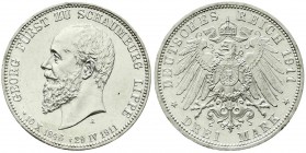 Reichssilbermünzen J. 19-178, Schaumburg-Lippe, Georg, 1893-1911
3 Mark 1911 A. Auf seinen Tod. fast Stempelglanz/Erstabschlag, min. Randfehler, Prach...