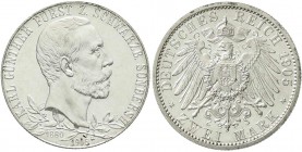 Reichssilbermünzen J. 19-178, Schwarzburg-Sondershausen, Karl Günther, 1880-1909
2 Mark 1905. 25 jähr. Regierungsj., schmaler Randstab. fast Stempelgl...