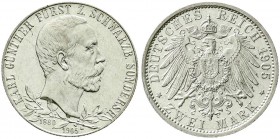 Reichssilbermünzen J. 19-178, Schwarzburg-Sondershausen, Karl Günther, 1880-1909
2 Mark 1905. 25 jähr. Regierungsj., schmaler Randstab. vorzüglich/Ste...