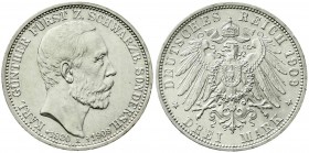 Reichssilbermünzen J. 19-178, Schwarzburg-Sondershausen, Karl Günther, 1880-1909
3 Mark 1909 A. Auf seinen Tod. prägefrisch/Stempelglanz, min. Randfeh...