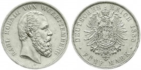 Reichssilbermünzen J. 19-178, Württemberg
5 Mark 1888 F. vorzüglich/Stempelglanz