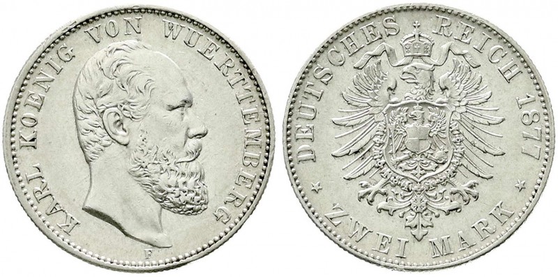 Reichssilbermünzen J. 19-178, Württemberg, Karl, 1864-1891
2 Mark 1877 F. gutes ...