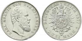 Reichssilbermünzen J. 19-178, Württemberg, Karl, 1864-1891
2 Mark 1877 F. gutes vorzüglich, etwas berieben