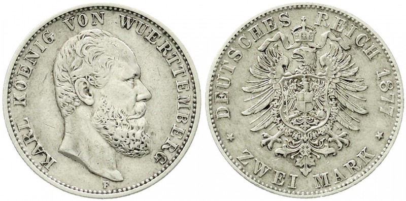 Reichssilbermünzen J. 19-178, Württemberg, Karl, 1864-1891
2 Mark 1877 F. sehr s...