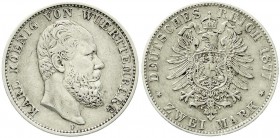 Reichssilbermünzen J. 19-178, Württemberg, Karl, 1864-1891
2 Mark 1877 F. sehr schön/vorzüglich