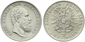 Reichssilbermünzen J. 19-178, Württemberg, Karl, 1864-1891
2 Mark 1888 F. fast Stempelglanz, selten in dieser Erhaltung