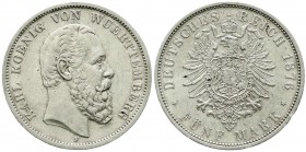 Reichssilbermünzen J. 19-178, Württemberg, Karl, 1864-1891
5 Mark 1876 F. vorzüglich, kl. Randfehler