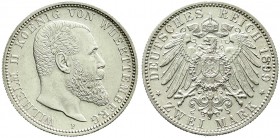 Reichssilbermünzen J. 19-178, Württemberg, Wilhelm II., 1891-1918
2 Mark 1899 F. prägefrisch/fast Stempelglanz