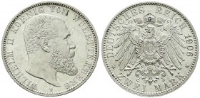 Reichssilbermünzen J. 19-178, Württemberg, Wilhelm II., 1891-1918
2 Mark 1906 F. vorzüglich/Stempelglanz