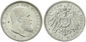 Reichssilbermünzen J. 19-178, Württemberg, Wilhelm II., 1891-1918
2 Mark 1907 F. fast Stempelglanz, Prachtexemplar