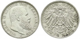 Reichssilbermünzen J. 19-178, Württemberg, Wilhelm II., 1891-1918
2 Mark 1907 F. vorzüglich/Stempelglanz