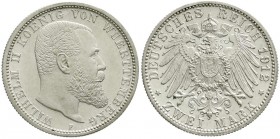 Reichssilbermünzen J. 19-178, Württemberg, Wilhelm II., 1891-1918
2 Mark 1912 F. fast Stempelglanz, Prachtexemplar