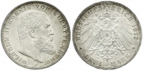 Reichssilbermünzen J. 19-178, Württemberg, Wilhelm II., 1891-1918
3 Mark 1912 F. prägefrisch/fast Stempelglanz, feine Tönung