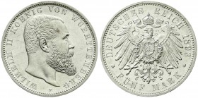 Reichssilbermünzen J. 19-178, Württemberg, Wilhelm II., 1891-1918
5 Mark 1893 F. fast Stempelglanz, Prachtexemplar