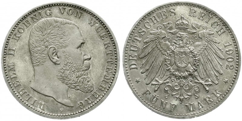 Reichssilbermünzen J. 19-178, Württemberg, Wilhelm II., 1891-1918
5 Mark 1902 F....