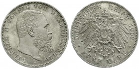Reichssilbermünzen J. 19-178, Württemberg, Wilhelm II., 1891-1918
5 Mark 1902 F. Auflage nur wenige Ex. Polierte Platte, kl. Kratzer und min. berieben...