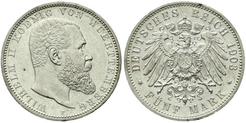 Reichssilbermünzen J. 19-178, Württemberg, Wilhelm II., 1891-1918
5 Mark 1903 F....