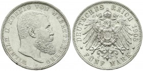 Reichssilbermünzen J. 19-178, Württemberg, Wilhelm II., 1891-1918
5 Mark 1908 F. vorzüglich/Stempelglanz, winz. Randfehler