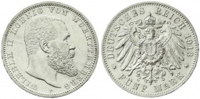 Reichssilbermünzen J. 19-178, Württemberg, Wilhelm II., 1891-1918
5 Mark 1913 F. vorzüglich/Stempelglanz, kl. Kratzer, min. Randfehler