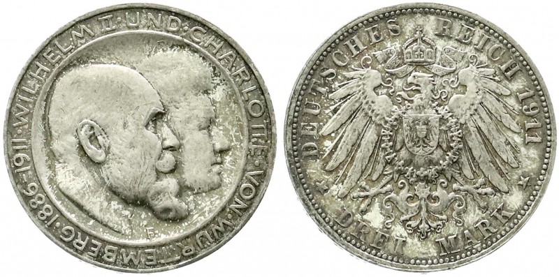 Reichssilbermünzen J. 19-178, Württemberg, Wilhelm II., 1891-1918
3 Mark 1911 F....