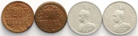 Kolonien und Nebengebiete, Deutsch Ostafrika
4 Münzen: Rupie 1907 J, 1910 J, 2 X 20 Heller 1916 T kl. Krone. sehr schön bis vorzüglich