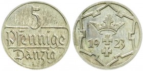 Kolonien und Nebengebiete, Danzig, Freie Stadt
5 Pfennig 1923. Polierte Platte, berieben, sehr selten