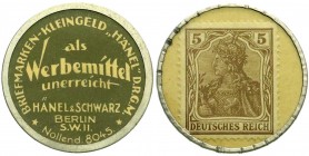 Notmünzen/Wertmarken, Berlin
Briefmarkenkapselgeld: Briefmarken-Kleingeld "Hänel" D.R.G.M. o.J. Hänel & Schwarz. Plastikhülle, Metallrand. 5 Pf. Germa...
