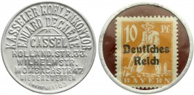 Notmünzen/Wertmarken, Cassel, Briefmarkenkapselgeld
Kasseler Kohlenkontor Eduard Dechene o.J. Aluminiumhülle. 10 Pf. Arbeiter/MUG dunkelrot. vorzüglic...