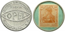 Notmünzen/Wertmarken, Rüsselsheim, Adam Opel
Briefmarkenkapselgeld Fahrräder-& Motorwagen-Fabrik (ohne DRP) o.J. Zinkhülle vern. 10 Pf. Germania MUG t...
