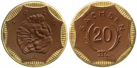 Notmünzen aus Porzellan (Länder,Städte,Firmen), Staaten/- und Ländermünzen, Sachsen
20 Mark 1920, mit Golddekor. vorzüglich, selten