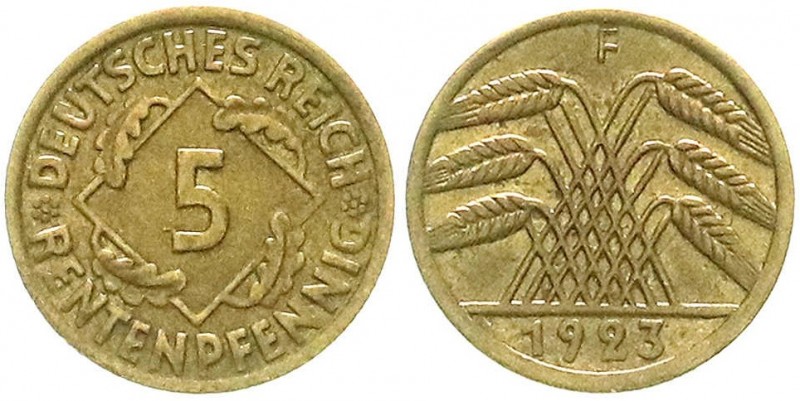 Weimarer Republik, Kursmünzen, 5 Rentenpfennig, messingfarben 1923-1925
1923 F. ...