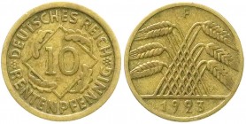 Weimarer Republik, Kursmünzen, 10 Rentenpfennig, messingfarben 1923-1925
1923 F. sehr schön, selten