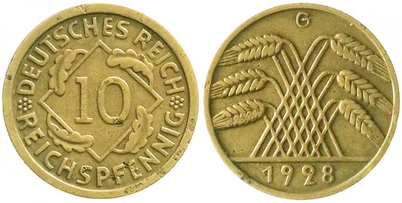 Weimarer Republik, Kursmünzen, 10 Reichspfennig, messingfarben 1924-1936
1928 G....